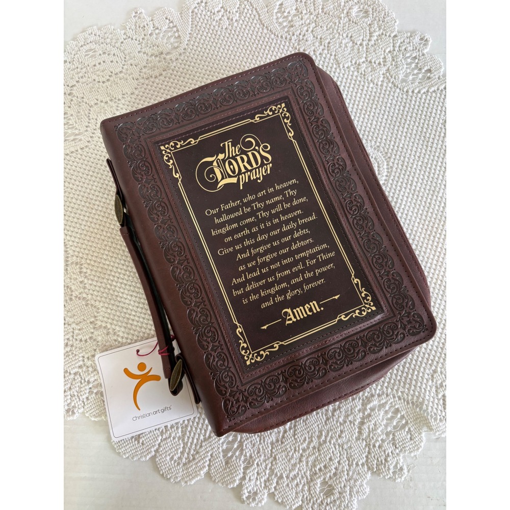 Christian Art Gifts Lords Prayer Brown Faux Leather Bible Cover Large NWT